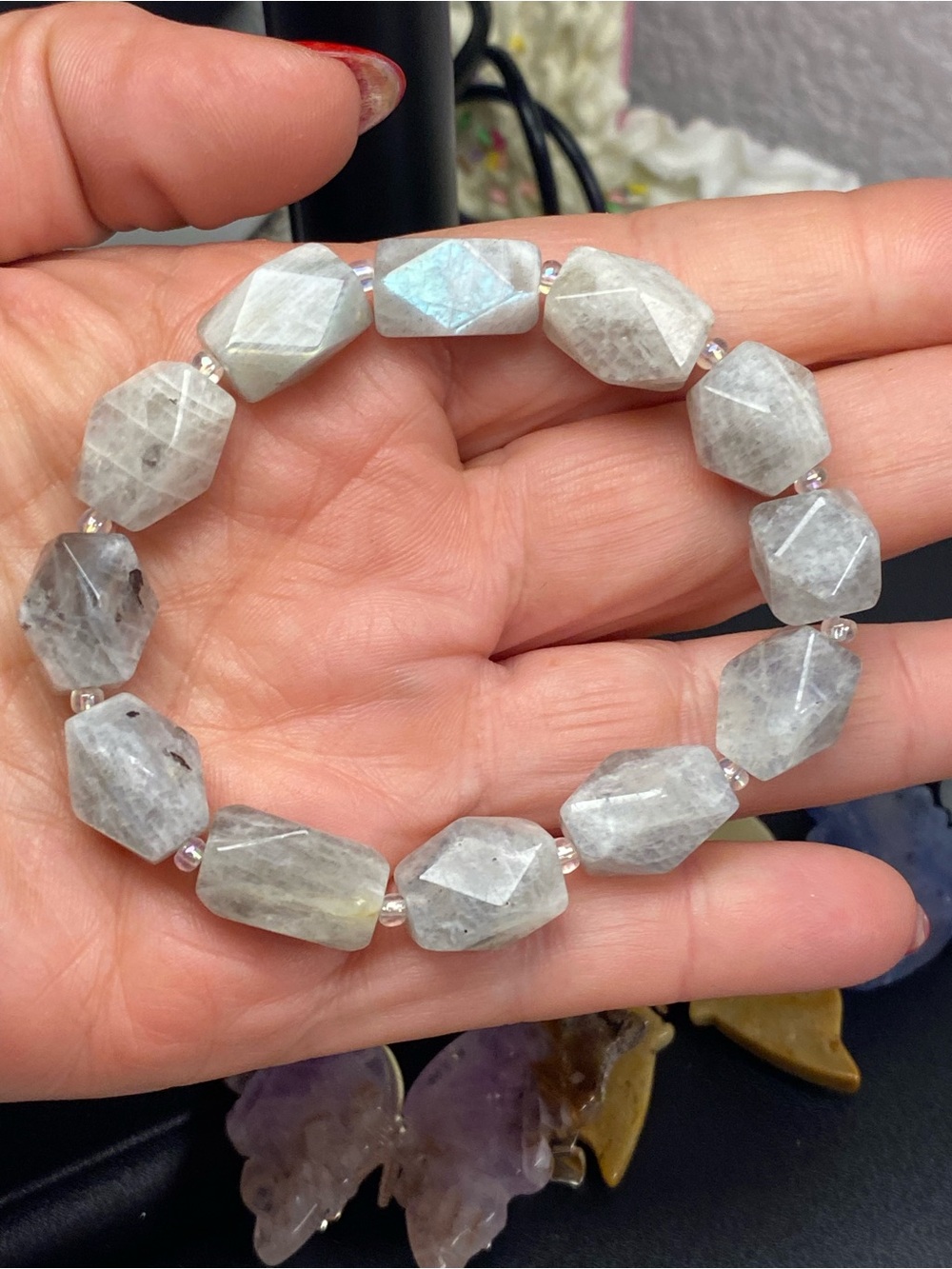 Labradorite Faceted Bead Stretch Bracelet - Gray